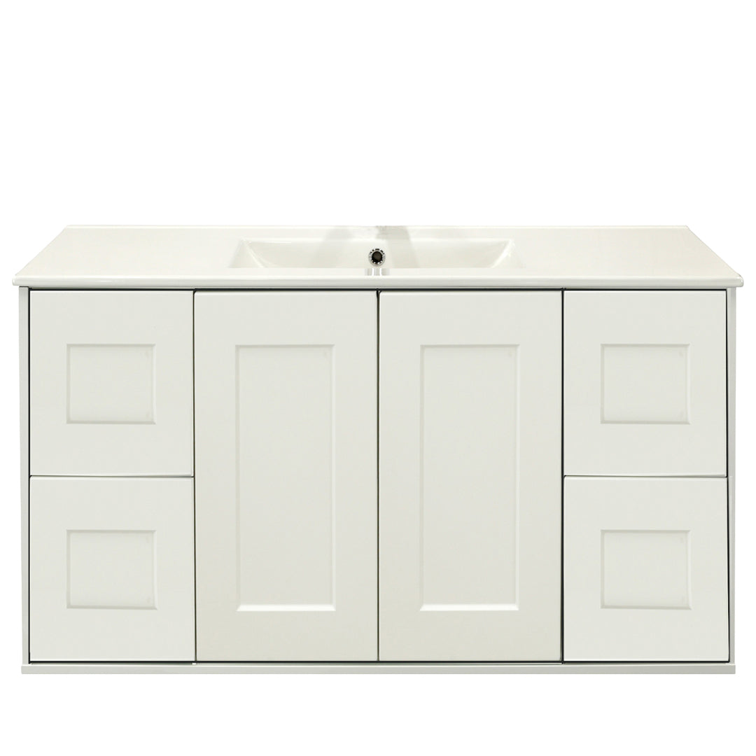 Vanité suspendu shaker blanc de 48 po, 2 portes et 4 tiroirs, avec comptoir