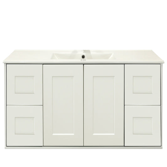 Vanité suspendu shaker blanc de 48 po, 2 portes et 4 tiroirs, avec comptoir