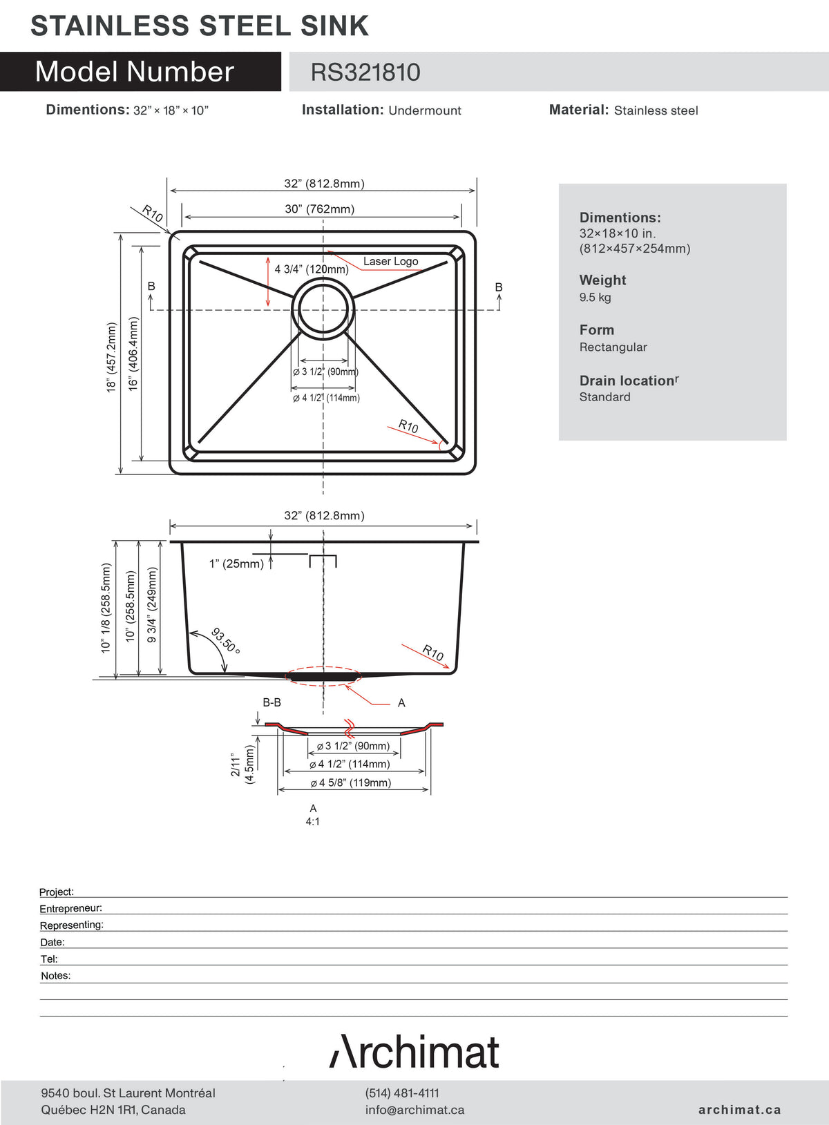 Évier de cuisine simple en acier inoxydable 812 x 457 x 254 mm (32 x 18 x 10 po)
