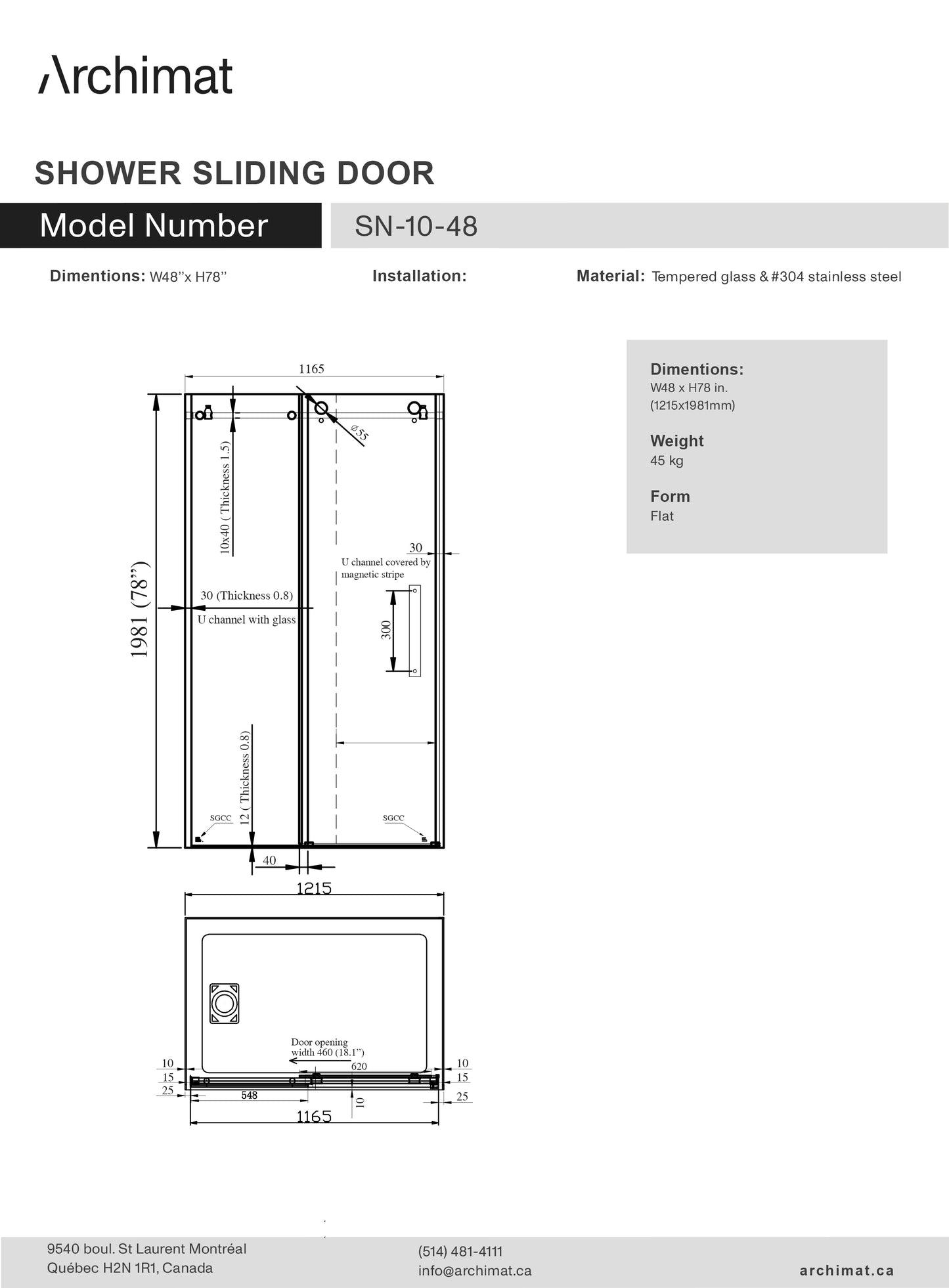 Shower Door W48 x H78 in. Flat Tube - SN-10-48