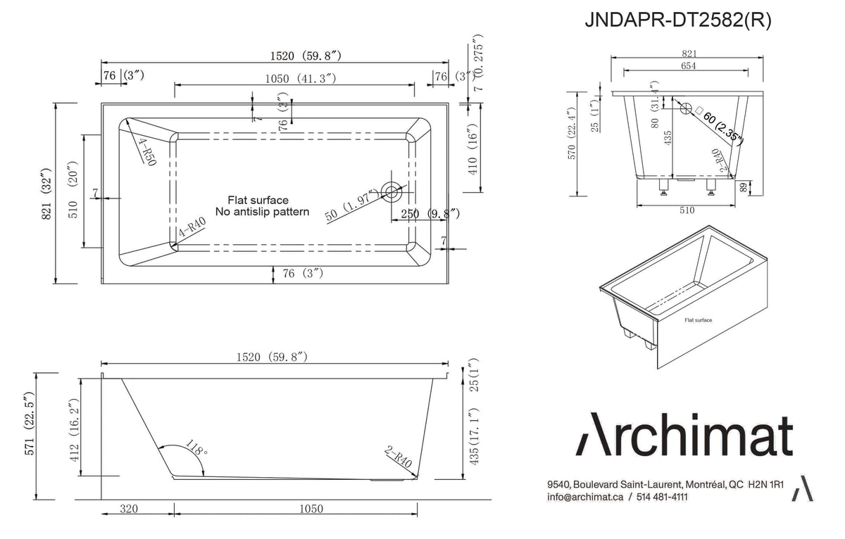 Alcove Bathtub Right Drain 60x32x22.5 in 3 Wall - JNDAPR-DT2582(R)