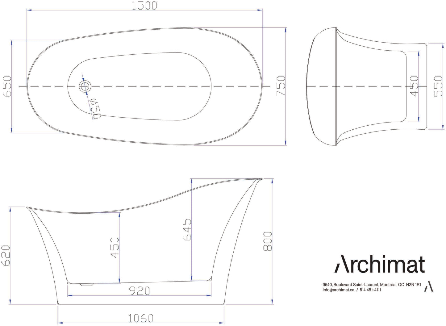 Freestanding Bathtub, White Size: 59×29½×31½ in (1500×750×800mm)