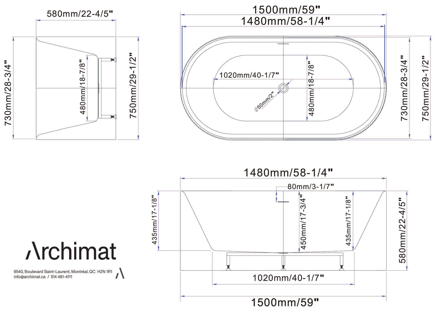 Baignoire autoportante noir mat Dimensions : 59×29½×22-4/5 in (1500×750×580mm)