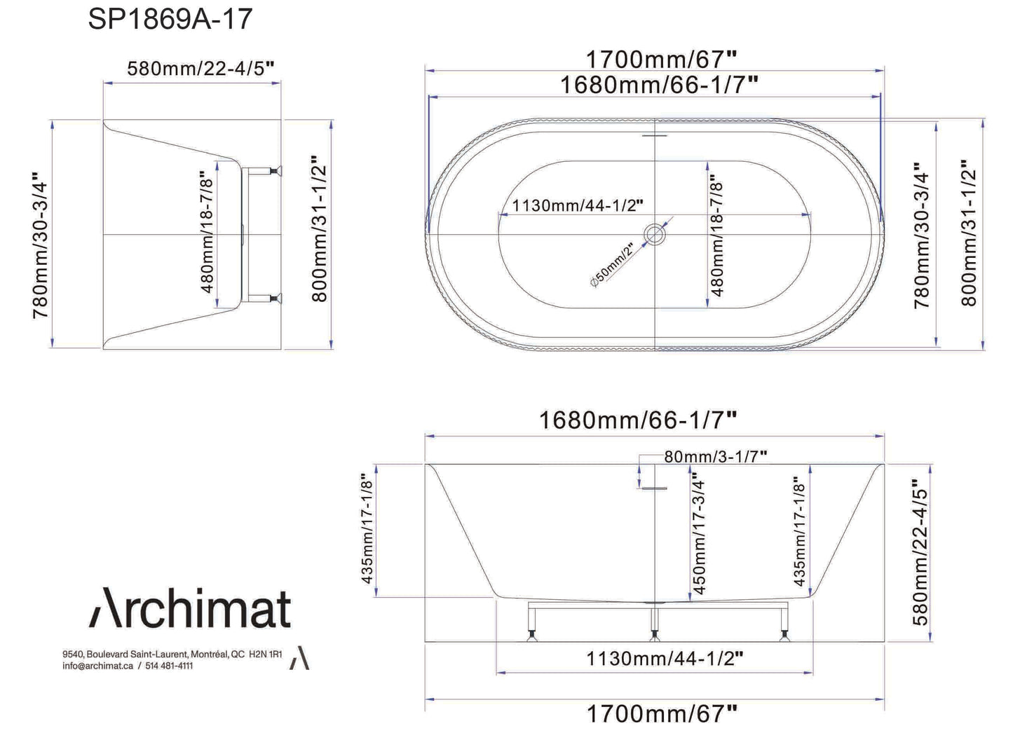 Illinois Freestanding Bathtub, White Size: 67×31½×22-4/5 in (1700×800×580mm) - SP1869A-17