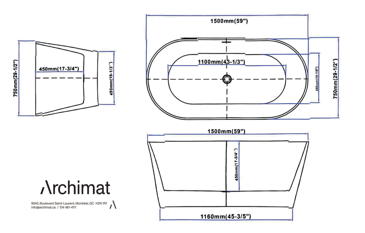 Freestanding Bathtub, White Size: 59×29½×22-4/5 in  (1500×750×580mm)