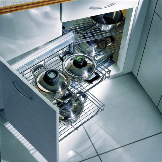 Ensemble pour coin Magic Corner I pour montage sur porte avec plateaux en fil chromé Gauche