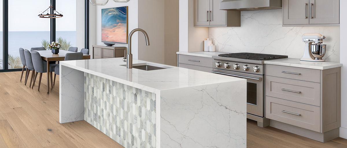 Countertop Quartz 2cm - 3 cm Calacatta miraggio seaglass 126x63 MSI