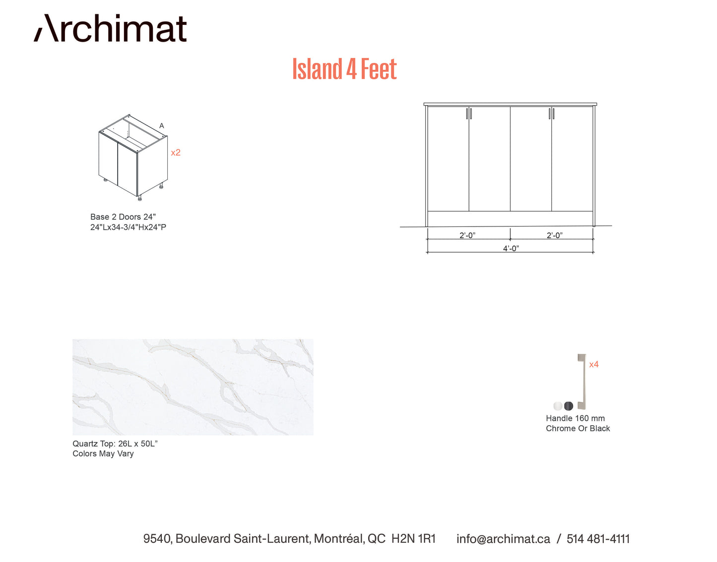 Îlot de cuisine de 4 pieds - 5 Couleurs