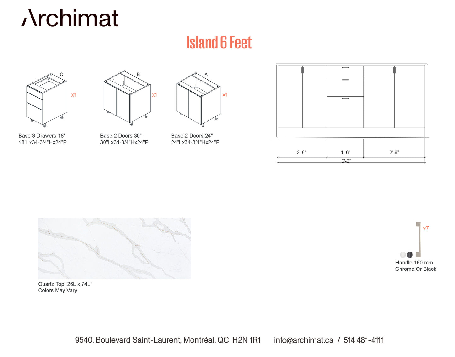 Îlot de cuisine de 6 pieds - 5 Couleurs
